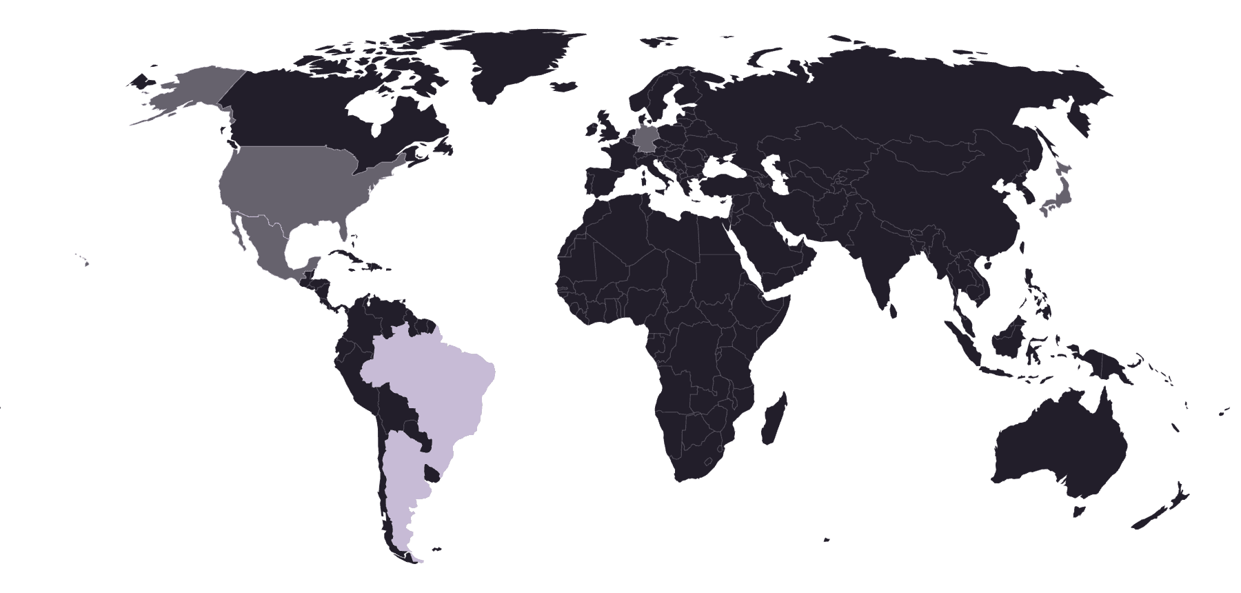 World map with Brazil and Argentina lit, the other named markets dimmed