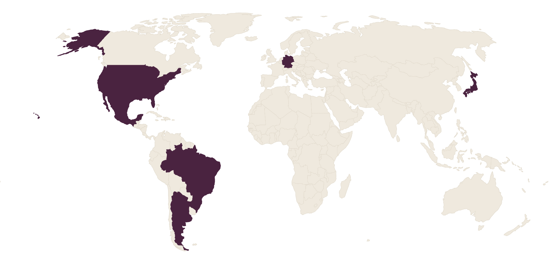 World map with the six named markets filled